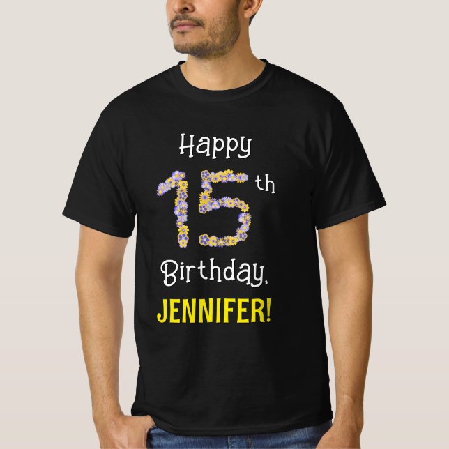 15:e födelsedagen: Blommigt Flowers Number "15" +  T Shirt (Framsida)