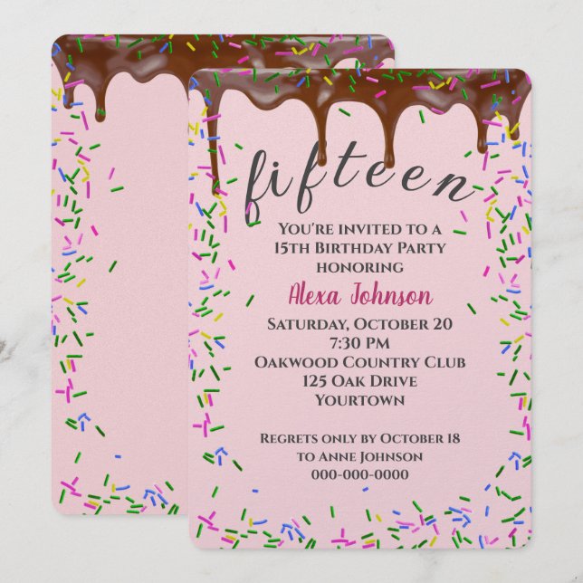 15:e födelsedagen med chokladfärgning och sprinkle inbjudningar (Fram/baksida)