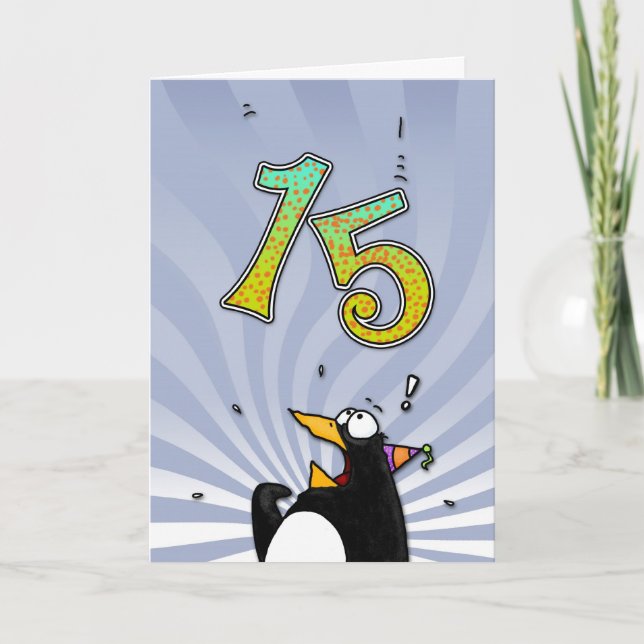 15:e födelsedagen - Penguin överraskningskort Kort (Framsida)