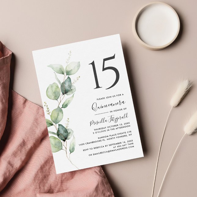 15:e födelsedagen Quinceanera Eucalyptus Foliage Inbjudningar (Eucalyptus 15th Birthday Quinceanera Party Invitation)