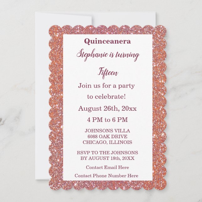 15:e födelsedagen Quinceanera Orange Rosa ros Glit Inbjudningar (Framsida)