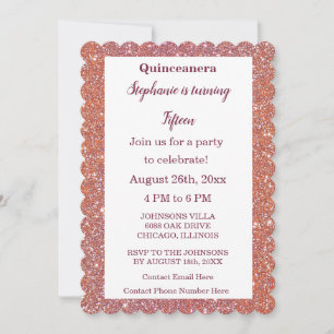 15:e födelsedagen Quinceanera Orange Rosa ros Glit Inbjudningar