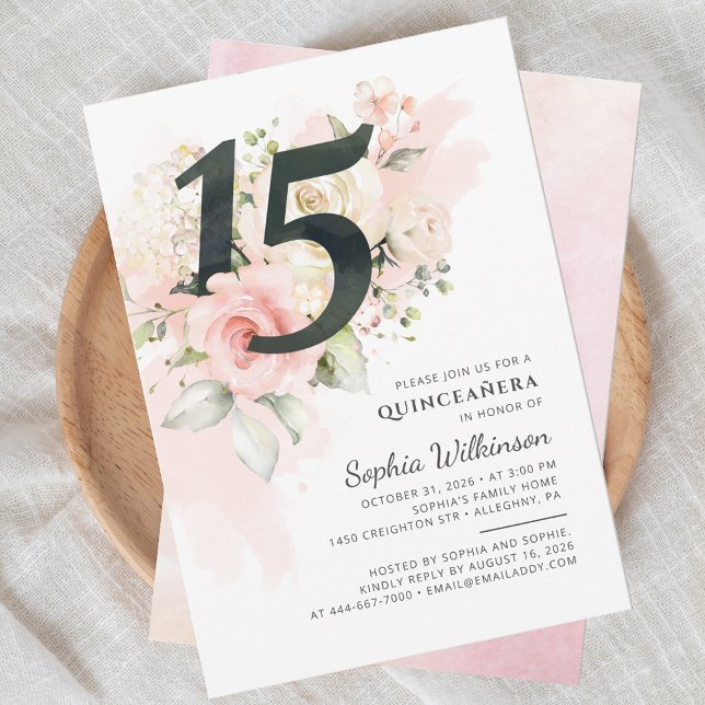 15:e födelsedagen Quinceanera Rustic Blommigt Vatt Inbjudningar (Pink Floral Quinceanera 15th Birthday Party Invitation)