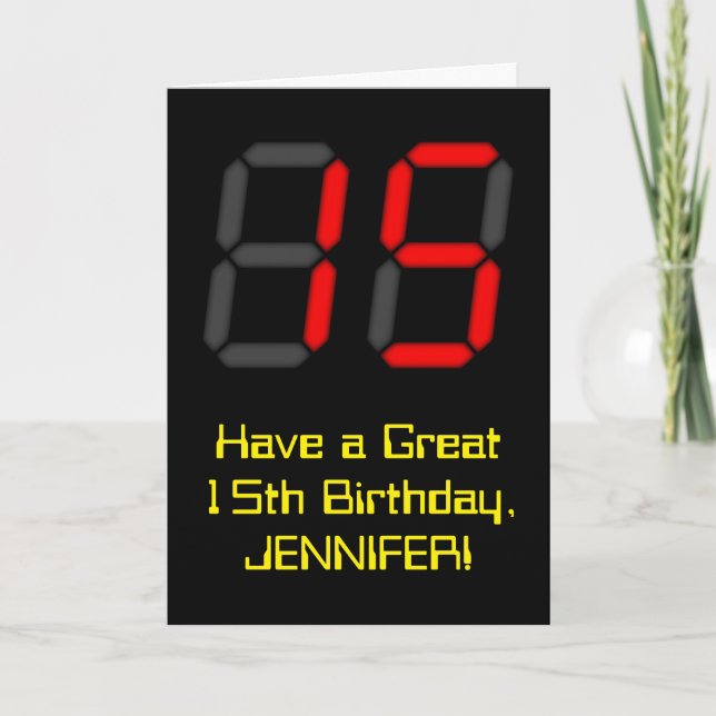 15:e födelsedagen: Red Digital Clock Stil "15" + N Kort (Framsida)