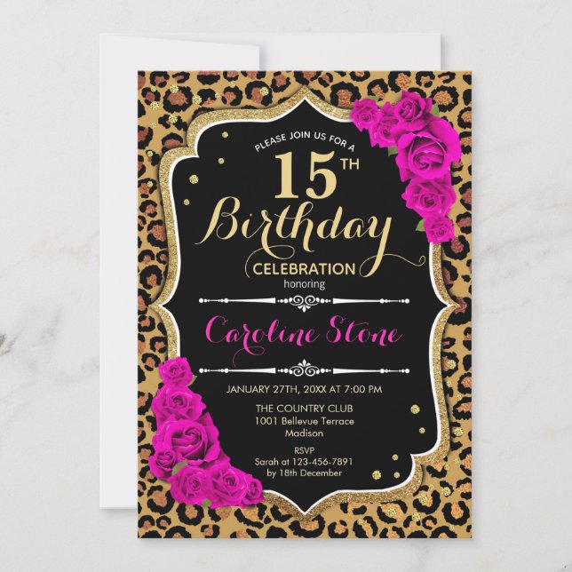 15:e födelsedagen - Rosa ros Leopard Skriv ut Inbjudningar (Framsida)