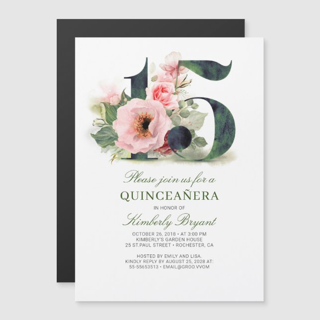 15:e födelsedagsdagen Blommigt Quinceanera Magnetisk Inbjudningskort (Fram/baksida)