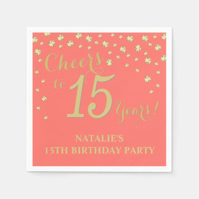 15:e Födelsedagsfesten Coral och Guld Diamond Napk Pappersservett (Framsidan)