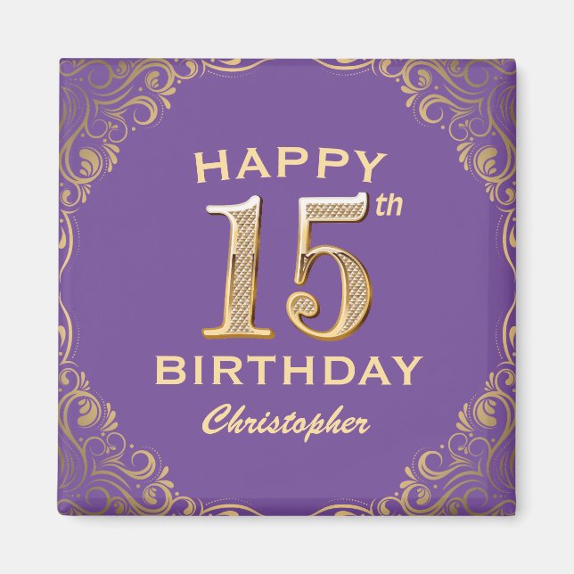 15:e Födelsedagsfestens Lila och Guld Glitter Ram Magnet (Framsidan)