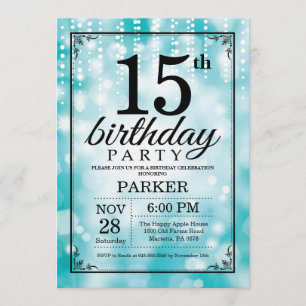 15:e födelsedagsinbjudan Teal Glitter Inbjudningar