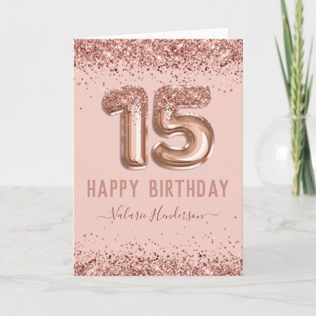 15:e födelsedagskortet finare Rosa Glitter Lycklig Kort (Framsida)