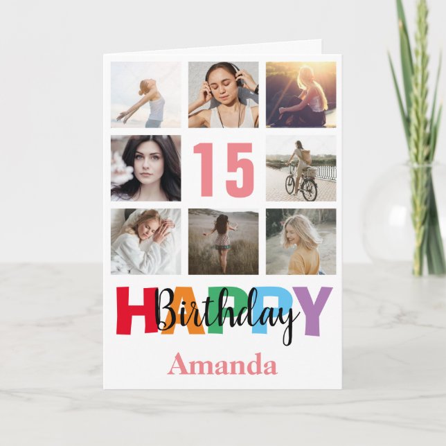 15:e Grattis på födelsedagen Photo Collage Modern  Kort (Framsida)
