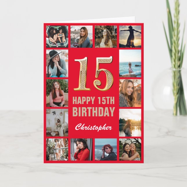 15:e Grattis på födelsedagen Red and Guld Photo Co Kort (Framsida)