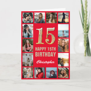 15:e Grattis på födelsedagen Red and Guld Photo Co Kort