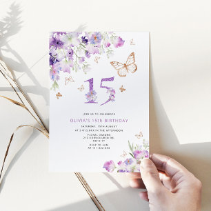 15:e Lilan Lilac Butterflies-födelsedag Inbjudningar