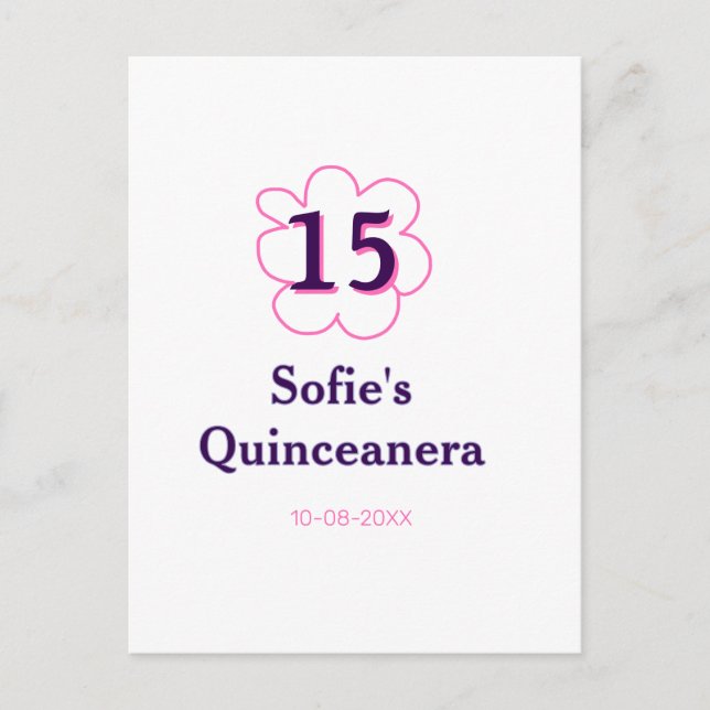 15:e quinceanera födelsedag rosa lila datum vykort (Framsida)