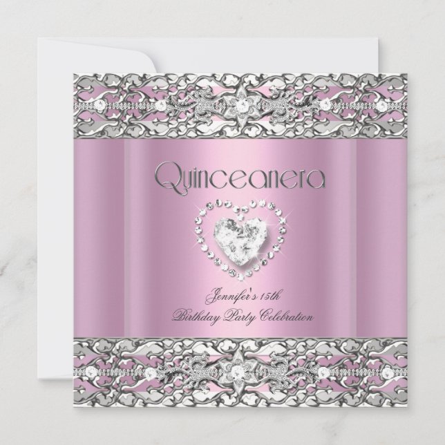 15:e Quinceanera-Födelsedagsfesten Rosa Silver Inbjudningar (Framsida)