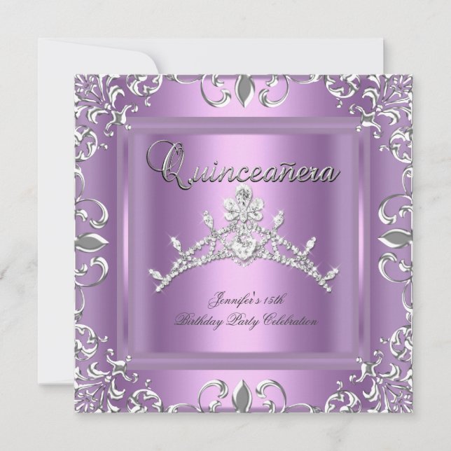15:e Quinceanera-Födelsedagsfesten Silver Lilac Ti Inbjudningar (Framsida)