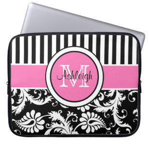15" för svart randig laptop sleeve vitdamast för