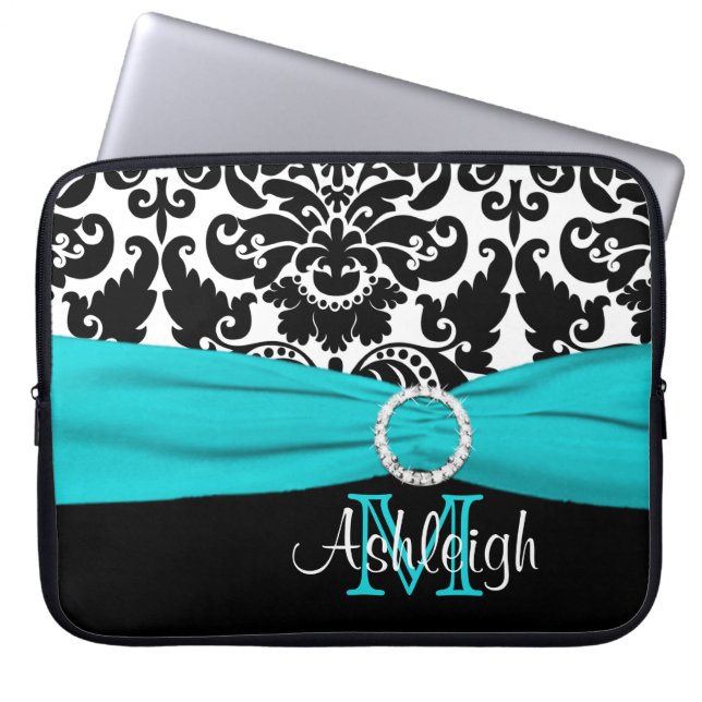 15" för vitFAUX för Aqua svart laptop sleeve för (Framsidan)
