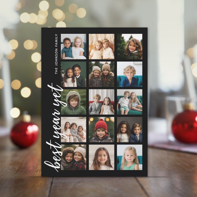 15 Foto Bästa året än HYN Minimal Svart Julkort (15 Photos on this modern Christmas Card with a retro black and white stripe pattern on the back)