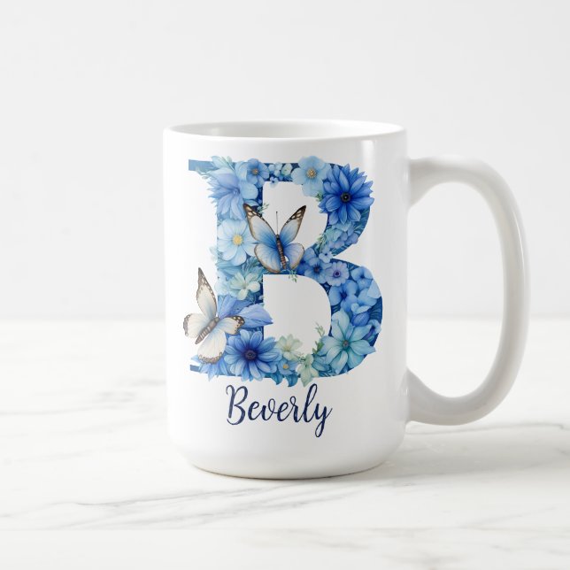 15 oz Blå Blommig Kaffe kopp med Monogram (Höger)