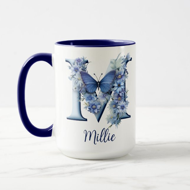 15 oz Blå Blommig Kaffe Mugg med Monogram (Vänster)