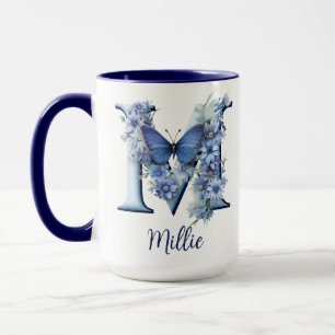 15 oz Blå Blommig Monogram Kaffe Mugg