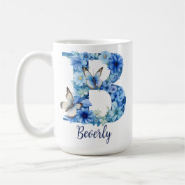 15 oz Blå Blommig Monogram Kaffe Mugg