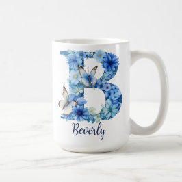 15 oz Blå Blommig Monogram Kaffe Mugg