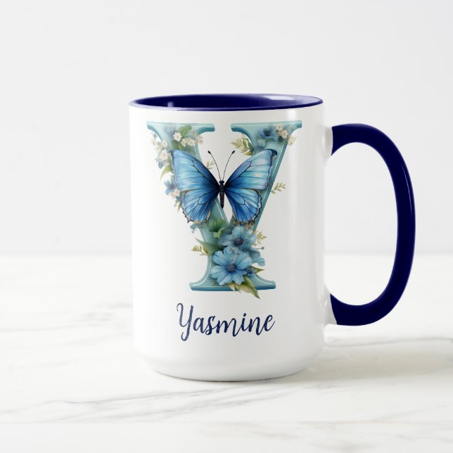 15 oz Blå Blommig Monogram Kaffe Mugg (Höger)