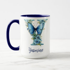 15 oz Blå Blommig Monogram Kaffe Mugg
