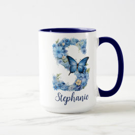 15 oz Blå Blommig Monogram Kaffe Mugg