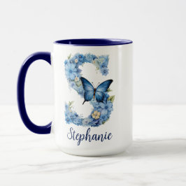 15 oz Blå Blommig Monogram Kaffe Mugg