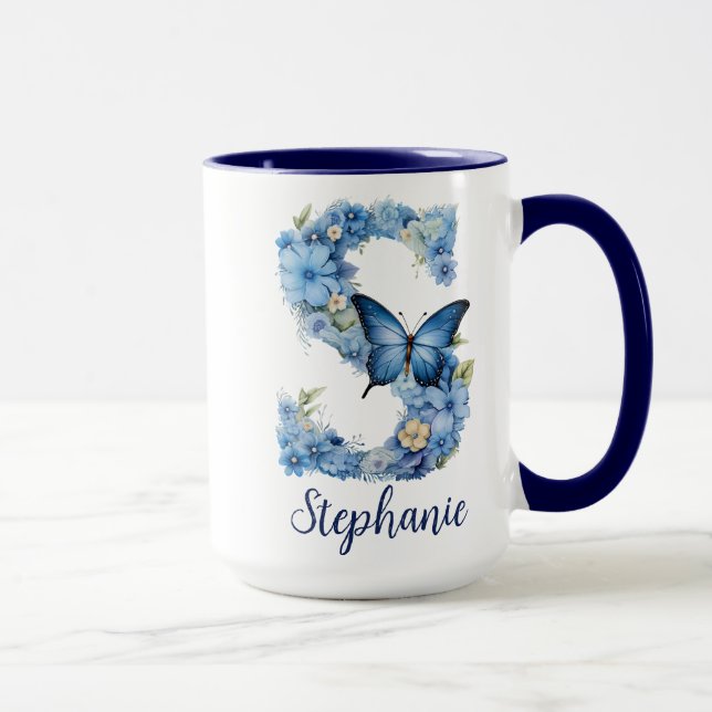 15 oz Blommigt Blue Monogrammed Coffee Mugg (Höger)