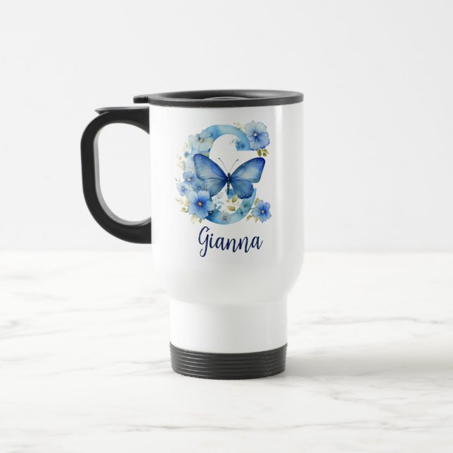 15 oz Blommigt Blue Monogrammed Resemugg (Vänster)