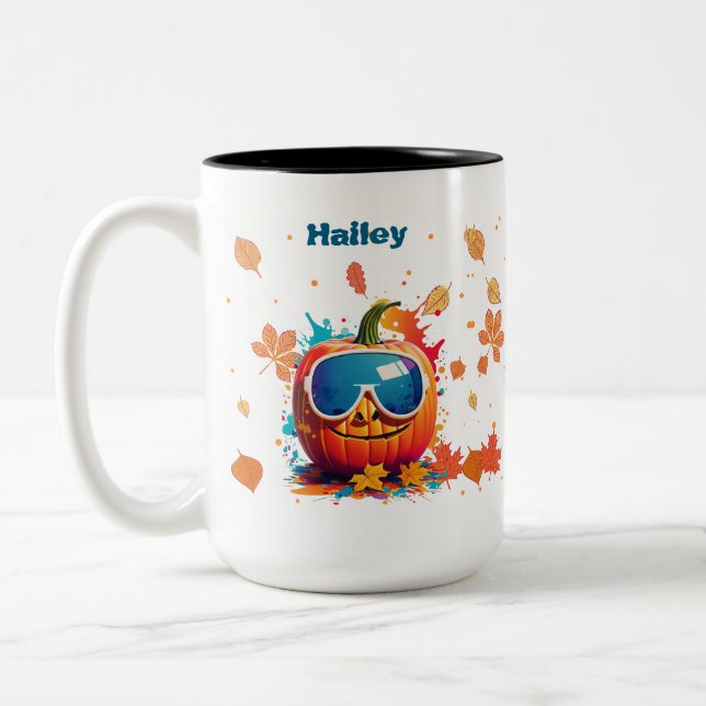 15 oz Fall Coffee Mug, Cool pumpkin with goggles Två-Tonad Mugg (Vänster)