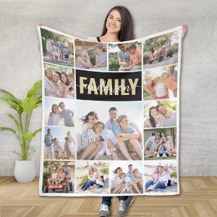 15 Photo Collage Family Namn Monogram Fleecefilt