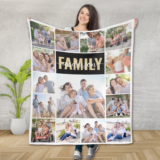 15 Photo Collage Family Namn Monogram Fleecefilt (Skapare uppladdad)