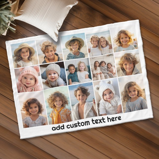 15 Photo Collage Grid - Script Text - svart vitt Fleecefilt (Personalized fleece blanket with 15 photos and custom text)