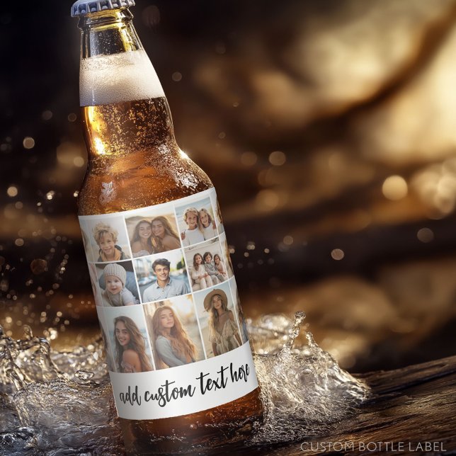 15 Photo Collage Grid - Script Text - svart vitt Ölflaska Etikett (Custom Photo Collage on a Food and Beverage Label)