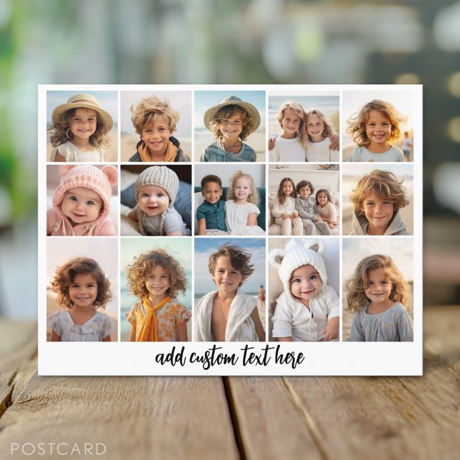 15 Photo Collage Grid - Script Text - svart vitt Vykort (Custom Personalized Photo Collage Postcard)
