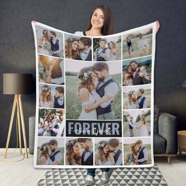 15 Photo Collage Monogram Namn Fleecefilt (Skapare uppladdad)