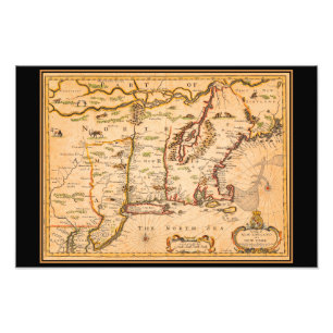 1600-talet New England Karta Native American Settl Fototryck