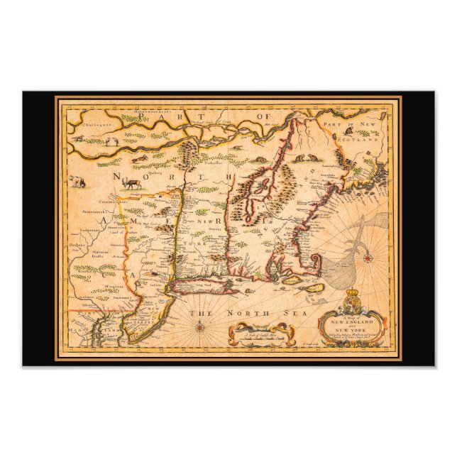 1600-talet New England Karta Native American Settl Fototryck (Framsidan)
