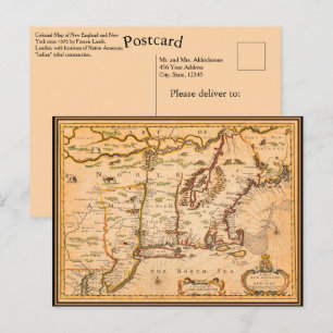 1600-talet New England Karta Native American Settl Vykort