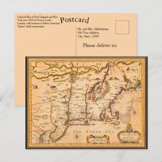 1600-talet New England Karta Native American Settl Vykort