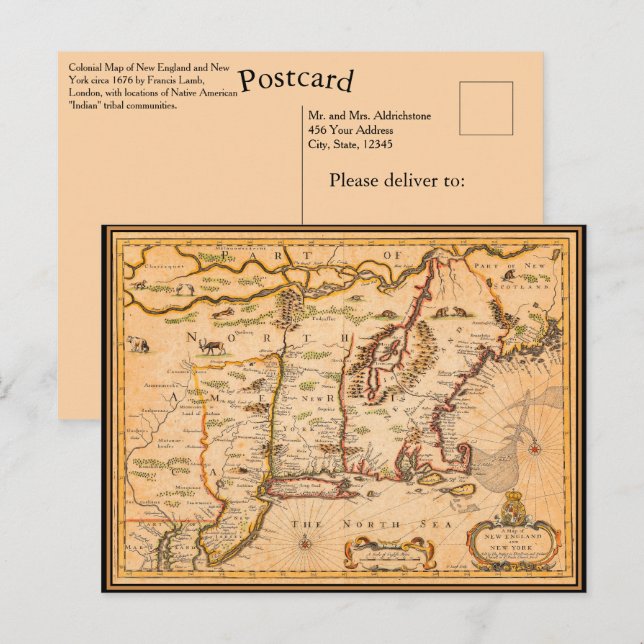 1600-talet New England Karta Native American Settl Vykort (Fram/baksida)