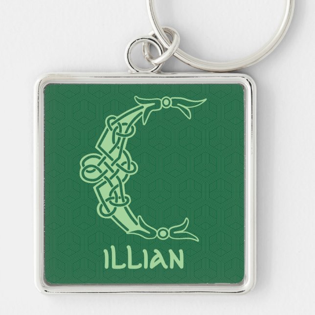 1600-talets keltiska, dekorativa kapital C Fyrkantig Silverfärgad Nyckelring (Framsidan)