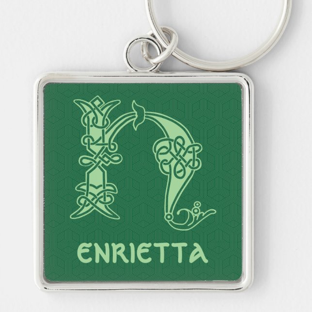 1600-talets keltiska, dekorativa kapital H Fyrkantig Silverfärgad Nyckelring (Framsidan)