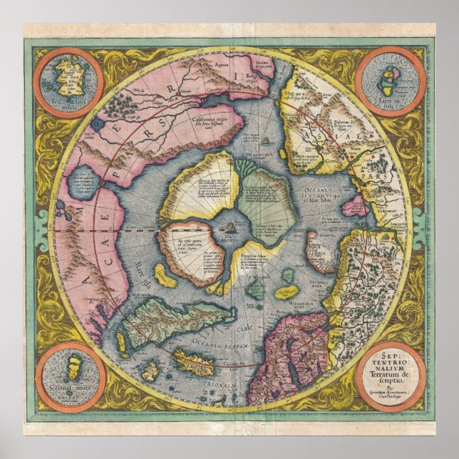 1606 Mercator Hondius Karta i Arktis Poster (Framsidan)